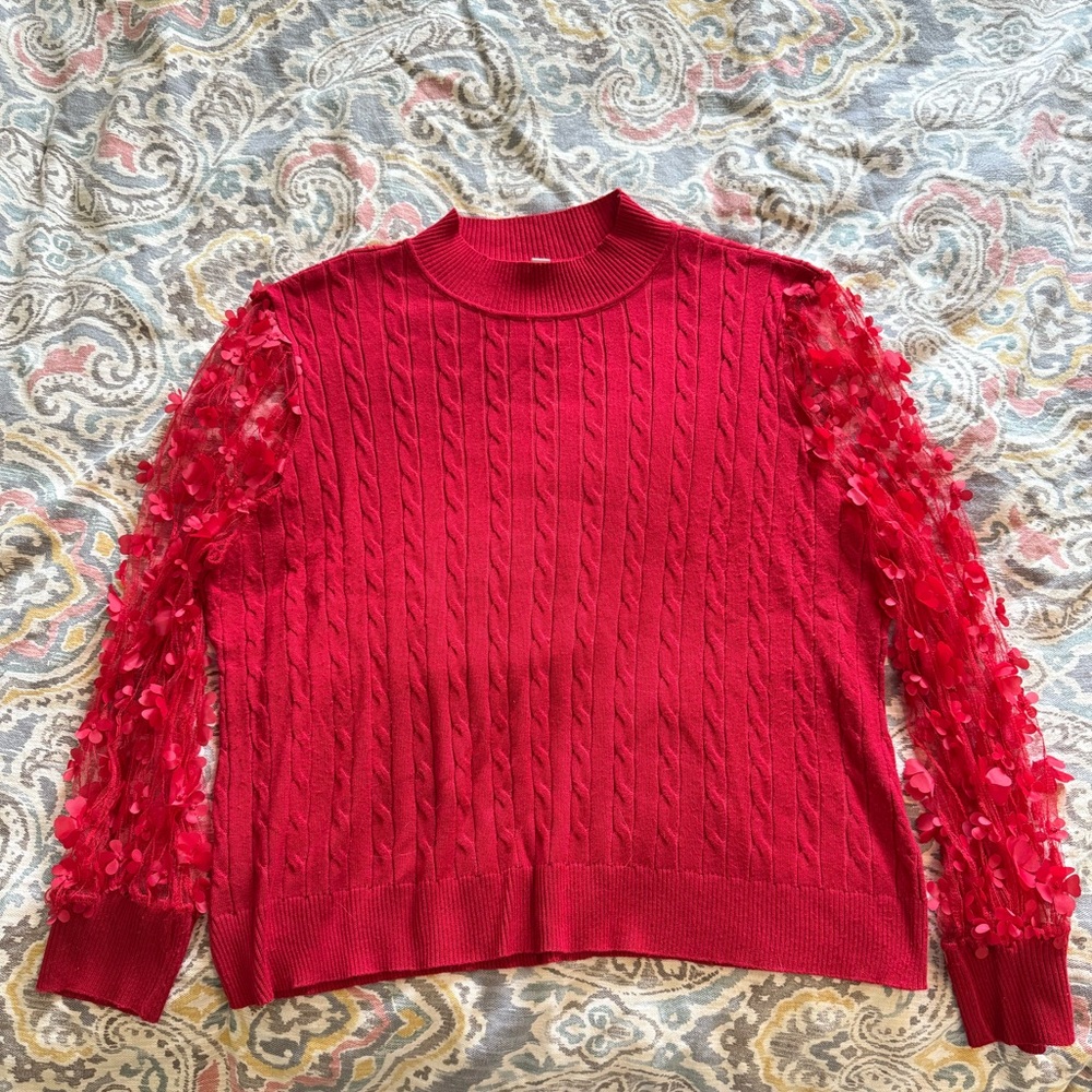 Cato Red Cable Knit Sweater with Mesh & Floral appliqué Sleeves